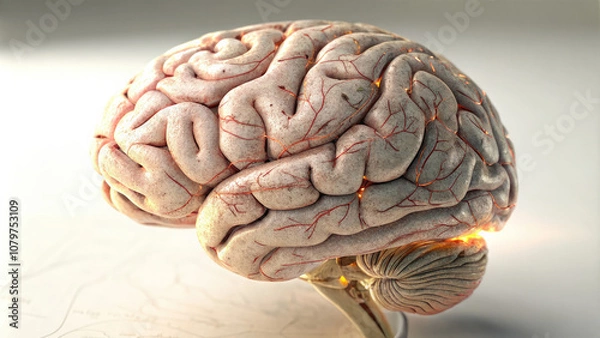 Fototapeta Close-up of a human brain model displaying visible signs of aging with wrinkles and texture changes, ideal for educational and medical presentations, with ample white background copy space for text