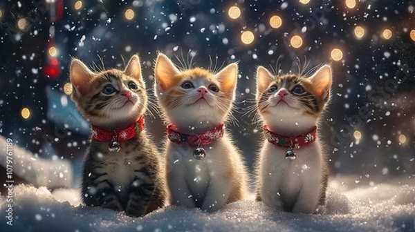 Fototapeta Three Kittens Looking Up at the Snow Falling During the Christmas Season