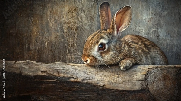 Fototapeta Close-up of a curious rabbit resting on a weathered wooden surface