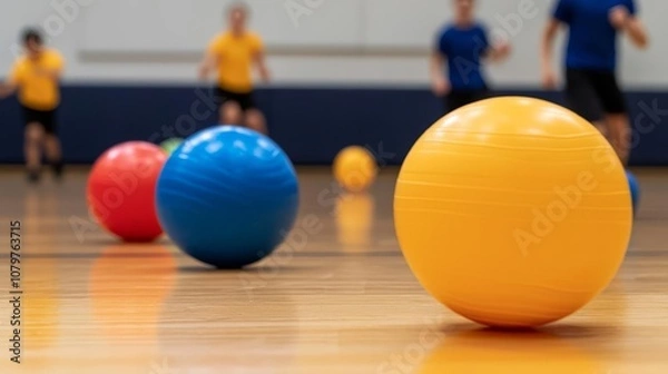 Fototapeta Dodgeball Game in PE Class, showing students moving strategically across the gym floor, facing forward, with bright lighting and colorful gym balls to evoke excitement and energy
