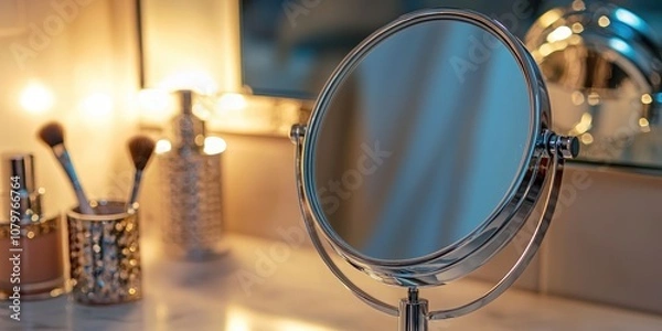 Fototapeta A close-up of a makeup mirror with built-in magnification and light features.