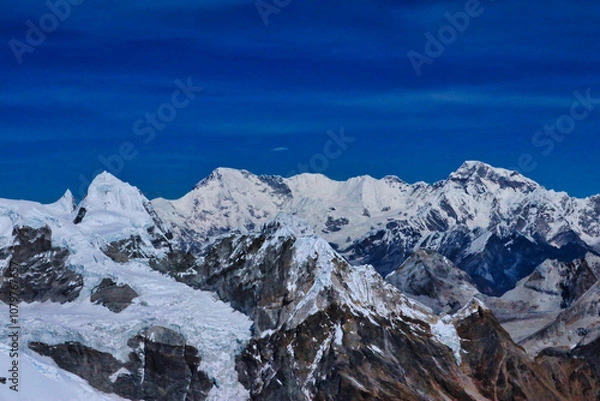 Fototapeta Great Himalayan Panorama of Cho Oyu,8201 m,Kangtega,6783 m and Gyachung Kang,7952 m from the Mera Peak central summit,6461 m,Mera Peak expedition,Nepal 