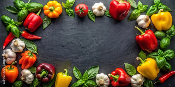 Fototapeta Colorful frame of fresh vegetables like bell peppers, garlic, and basil leaves on a dark slate, perfect for culinary themes.