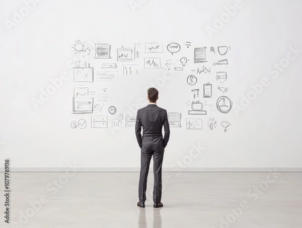 Fototapeta A businessman gazes at a wall filled with various business-related sketches and diagrams.