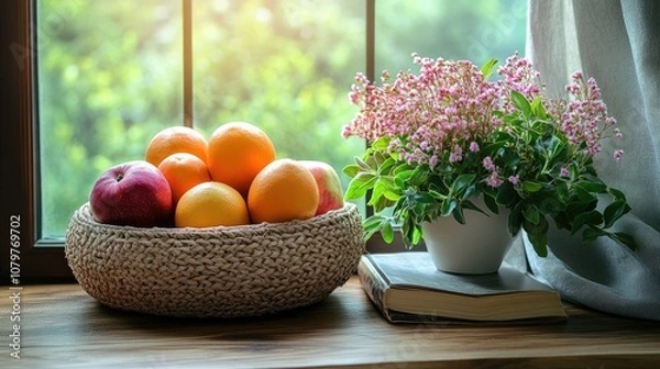Fototapeta A basket of fruit and a potted plant sit on a windowsill, bathed in warm sunlight.