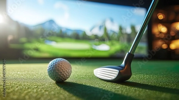 Fototapeta Golf club and ball on a green putting mat with a golf course projected on a screen behind.