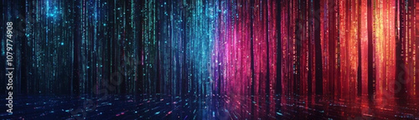 Obraz Quantum Computing Data Analytics Concept. A vibrant, abstract digital background featuring bright, colorful vertical lines that evoke a sense of depth and technological aesthetics.