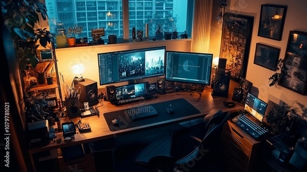 Fototapeta A Modern Home Office Space with a Desk, Computers, and Speakers