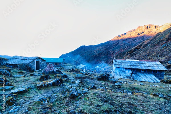 Fototapeta Hamlet of Tuli Kharka,4100 m, at the base of the Zatrwa La pass with tea houses for hikers and climbers crossing from Lukla to the Hinku River valley on the Mera Peak base camp trek,Himalayas,Nepal 