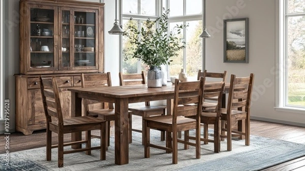 Fototapeta Rustic Wooden Dining Table Set in Bright Room