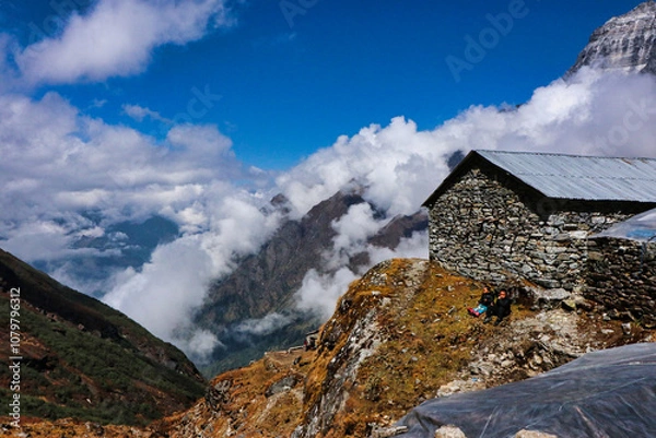 Fototapeta Campsite outside the village of Chutanga,3500 m,a staging point for hikers climbing towards the Zatrwa La pass,4610 m on the way to Mera Peak base camp,Nepal 