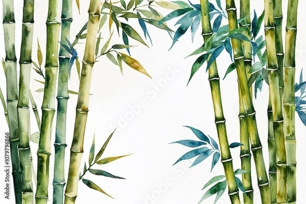 Fototapeta Peaceful Bamboo Watercolor Artwork with Bright Colors and Ample Empty Space