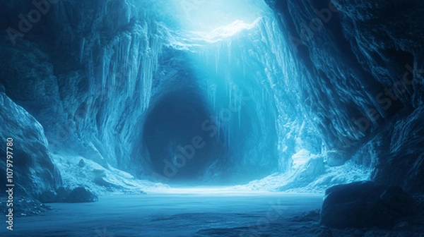 Obraz mystical blue ice cave entrance with glowing light  background illustration