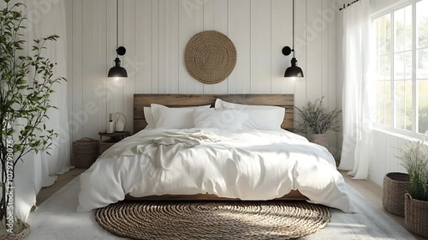 Fototapeta A rustic bedroom with a vintage wooden bed, soft white linens, a braided rug, and black metal wall sconces, combining farmhouse charm with modern simplicity --ar 16:9