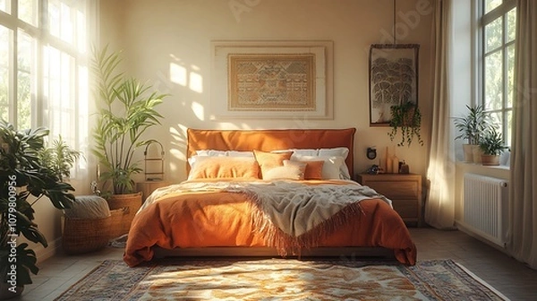 Fototapeta A stylish bedroom with earthy textures, featuring a suede headboard, woven rugs, layered bed linens, and cozy blankets, with sunlight streaming in to highlight the warmth of the materials --ar 16:9
