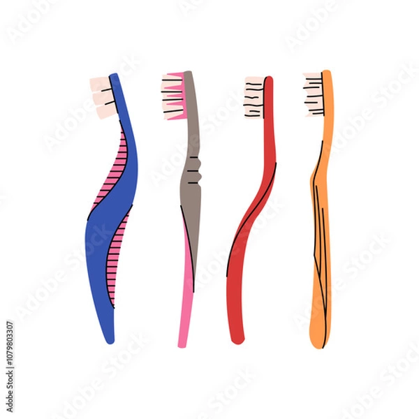 Obraz Toothbrushes vector set. Dentistry concept, oral care. Different toothbrushes designs. Teeth cleaning accessories. Colorful vector set isolated on a white background