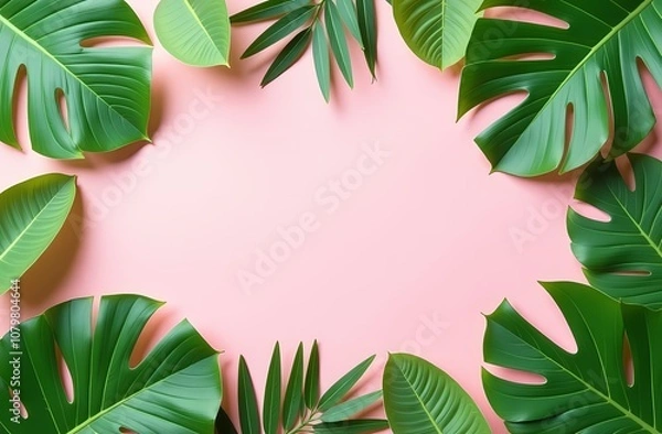 Fototapeta a flat lay of tropical vibrant leaves on a pastel background. Frame of tropical green leaves on pink background. Space for text in the center