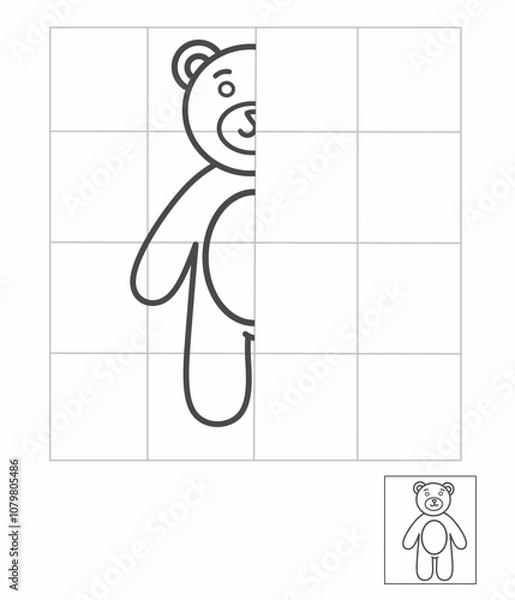 Fototapeta Symmetry drawing for kids, draw the other half side teddy bear activity for kindergarten, complete picture worksheet, Symmetry worksheet
