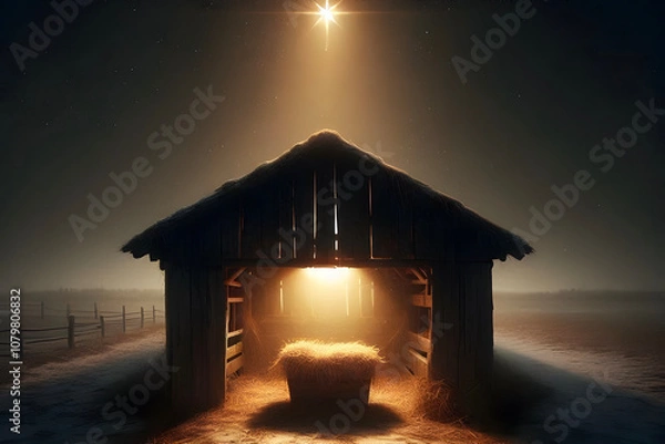 Obraz Nativity Scene - Birth Of Jesus Christ With Manger In Snowy Night And Starry Sky