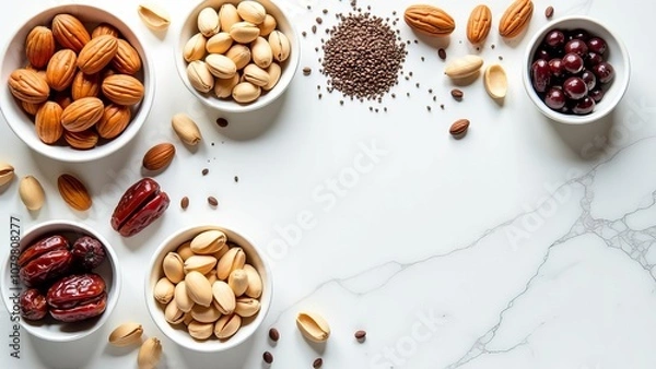 Fototapeta A white background with a variety of nuts and fruits