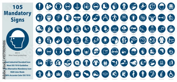 Fototapeta Set Illustration of Mandatory Safety Signs meet ISO 7010 Standards. Contain standards plus alternative icons, RGB color mode. Maintain 100% color accuracy as per ISO 7010 guideline.