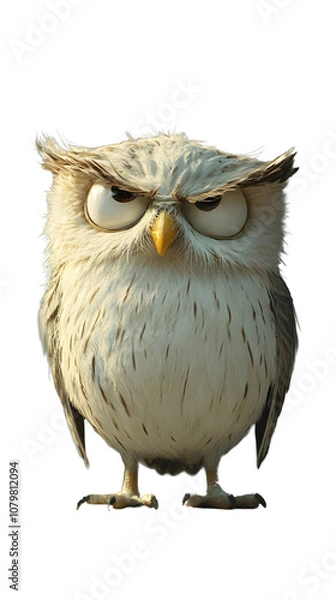 Fototapeta A small brown owl with bright yellow eyes stands isolated on a white background