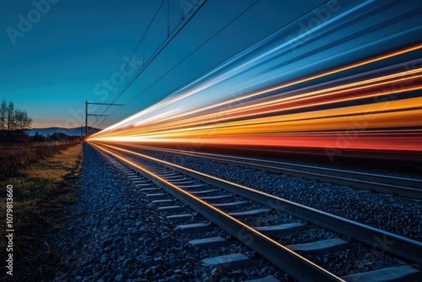 Fototapeta A high-speed train streaks across the countryside at dusk, leaving a colorful light trail.