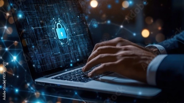 Fototapeta A person typing on a laptop with a digital lock symbol, emphasizing cybersecurity and data protection.