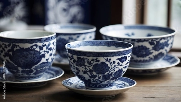 Fototapeta Decorative Blue and White Porcelain Bowls and Cups Arranged on a Wooden Table in a Cozy Setting