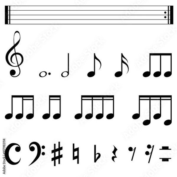 Obraz Standard music notation symbols black and white template.
