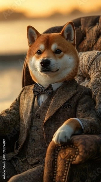 Obraz A Shiba Inu dog dressed in a classic suit sits in a luxurious armchair, creating a refined and sophisticated atmosphere with rich textures and high detail..