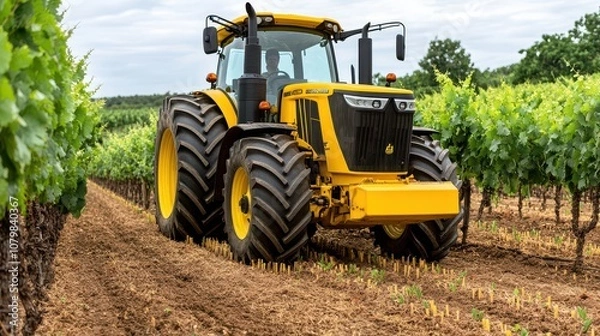 Fototapeta A vibrant yellow tractor navigating through lush vineyard rows during a clear day, showcasing agricultural productivity.
