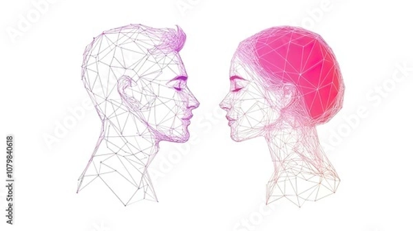 Fototapeta A stylized illustration of a man and woman facing each other, connected by a network of lines.