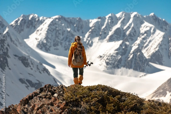 Obraz Woman hiker is standing with small backpack and hiking poles high in mountains and looks at white glacier