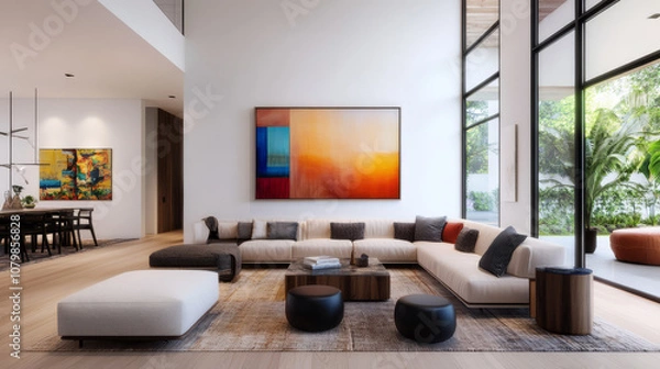 Fototapeta An inviting luxury living room mockup with plush seating, contemporary art pieces, and vibrant accents in a bright interior