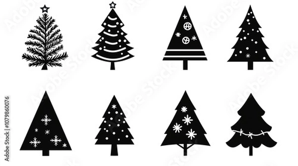 Obraz Abstract Christmas Tree Silhouettes in Minimalist Styles – Black and White Vector for Holiday Designs and Decor