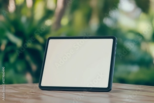 Fototapeta Tablet Mockup on Wooden Table with Green Nature Background.