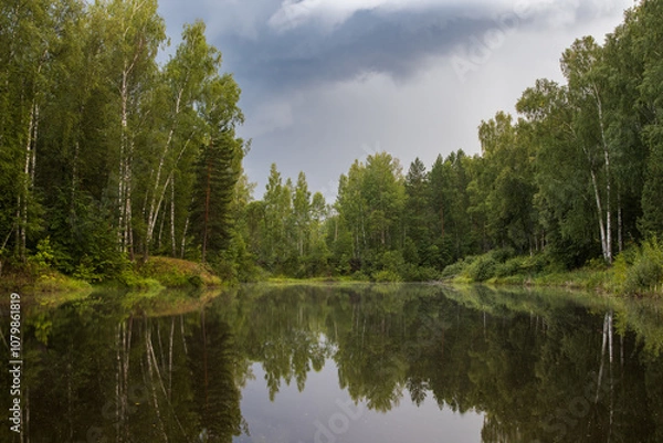 Fototapeta Summer landscape with a forest lake. Evening view of a small lake in the forest. Birches grow along the banks. Trees are reflected in the water. Cloudy weather. Clouds in the sky. Outdoor recreation.