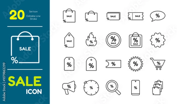 Fototapeta Vector Line Sale Icon Set. Contains discount Icons such as Coupons, with Percent Signs, Discount Codes, etc. Editable strokes.