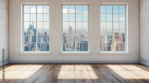 Fototapeta Interior view of an empty room in a skyscraper, showcasing the cityscape during the day. The skyline view from a high-rise window offers a gorgeous property with a stunning view.