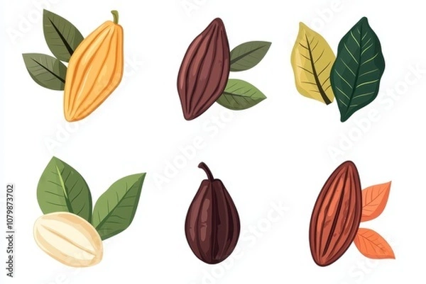 Obraz Cocoa pods with leaves, white isolate background.