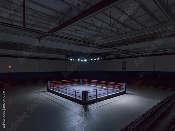 Fototapeta AI-Generated image of A boxing ring is empty and lit up. Scene is somber and quiet