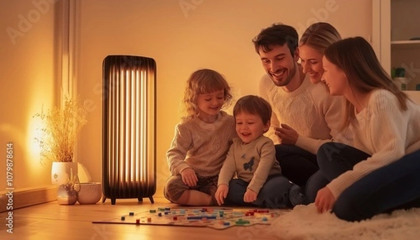 Fototapeta A mother and father sit on the floor with their young children playing together next to a portable heater in a softly lit, cozy living room. The comfortable warmth, relaxed family togetherness