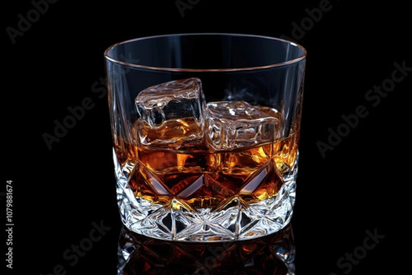 Fototapeta glass of whiskey with ice cubes sits elegantly against black background, showcasing rich amber color and glistening ice. This evokes sense of sophistication and relaxation