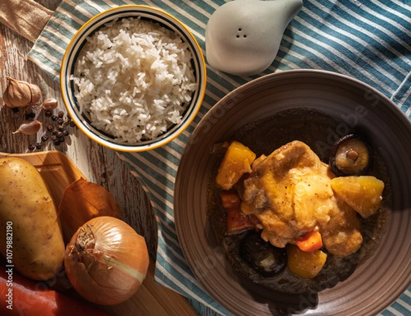 Fototapeta Homestyle chicken stew with potatoes and vegetables served with steamed jasmine rice