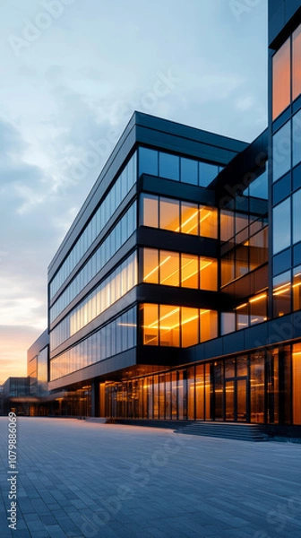 Obraz Modern office building illuminated by sunset in an urban area showcasing sleek architecture and reflective glass windows