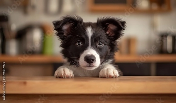 Fototapeta Cute black and white border collie puppy peeking over the table in the kitchen, sitting on top of a wooden countertop,