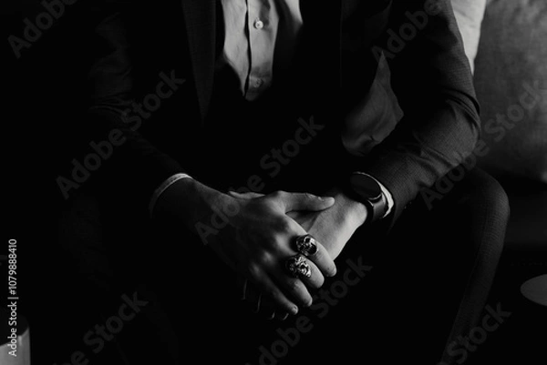 Fototapeta Stylish man in a suit with rings on his hands