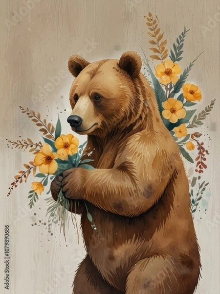 Obraz Watercolor Cartoon Bear Holding Flowers with Subtle Earthy Tones on White Background