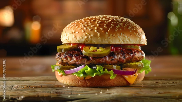 Fototapeta Tasty jalapeno cheddar burger with cheese and spicy toppings in cozy diner setting